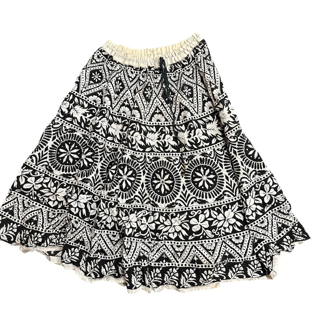 Go East Vintage Black White Floral Block Print Cotton Maxi Skirt Free Size